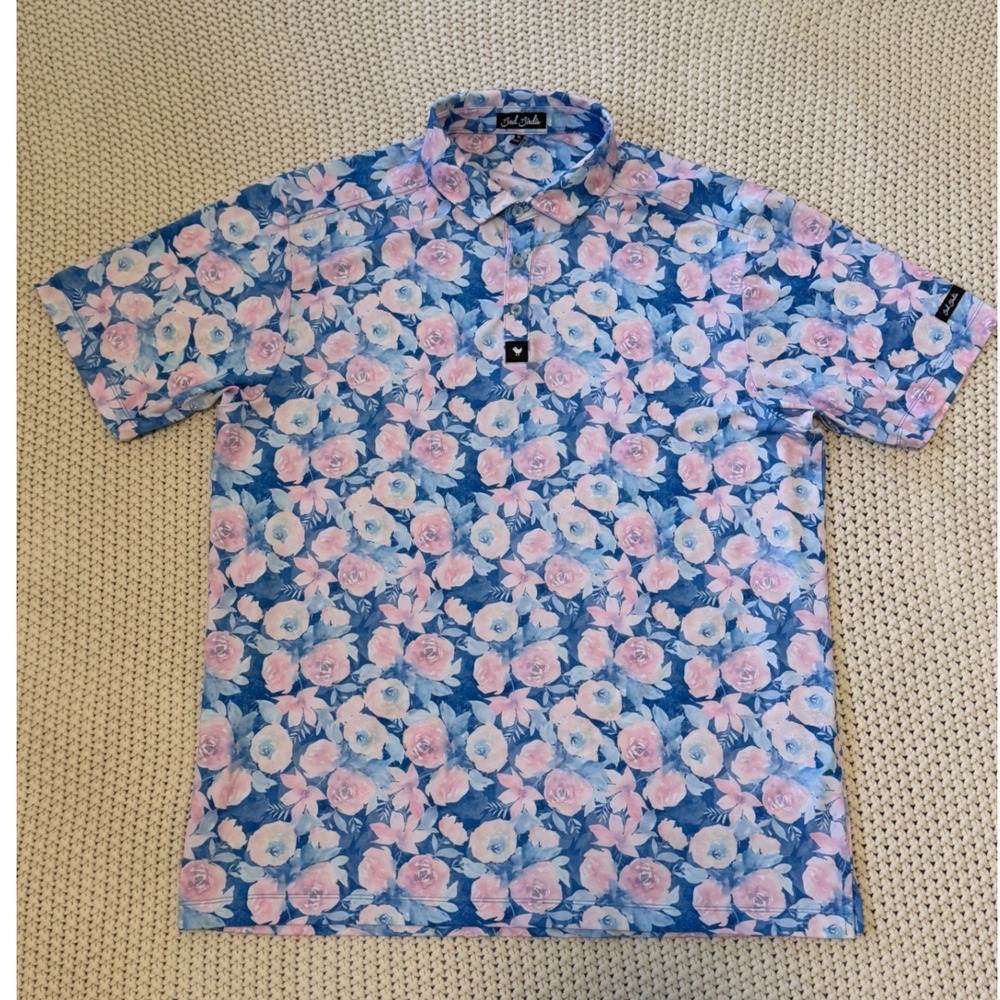 Bad Birdie Mens XL Coachella Blue Pink Floral Performance Golf Polo Short Sleeve